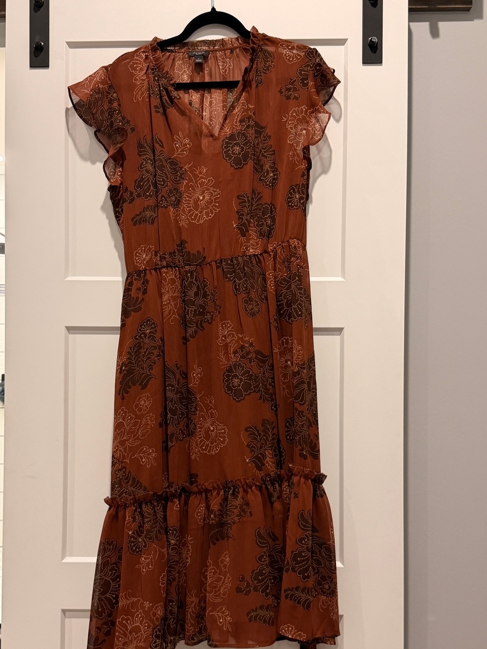 Ann Taylor Rust Floral V-Neck Midi Dress with Waist Tie